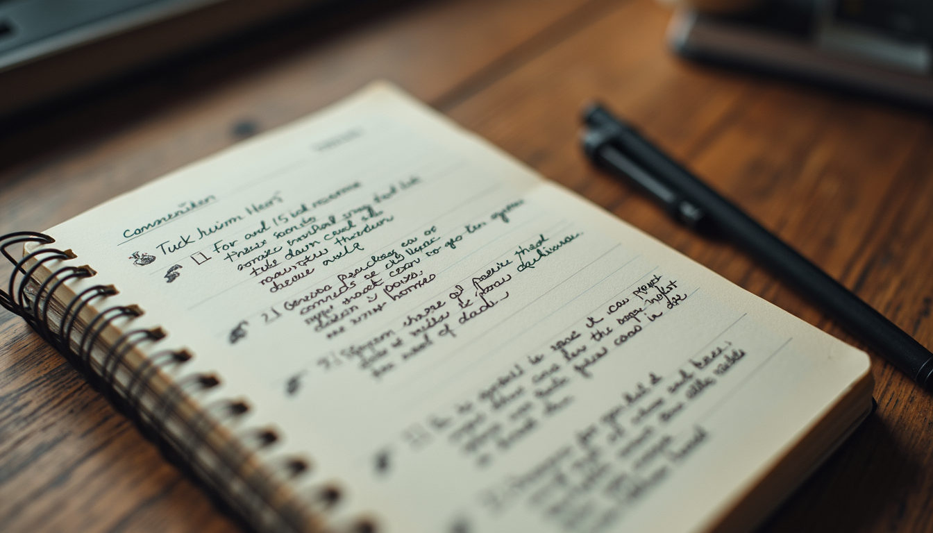 High angle view of a journal with handwritten notes and sketches