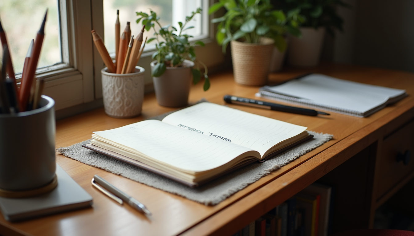 High angle view of a cozy corner with art supplies and a journal