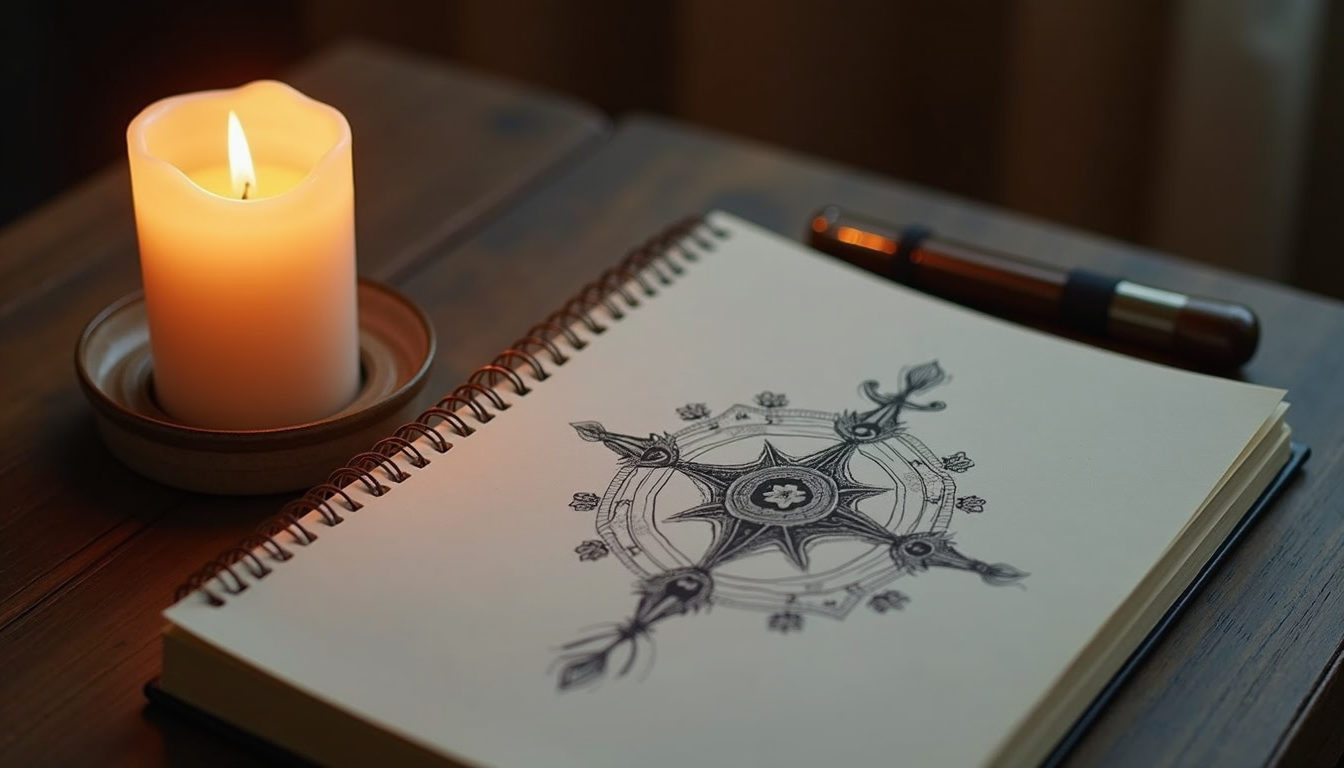 High angle view of a candle and a sketchbook with spiritual symbols