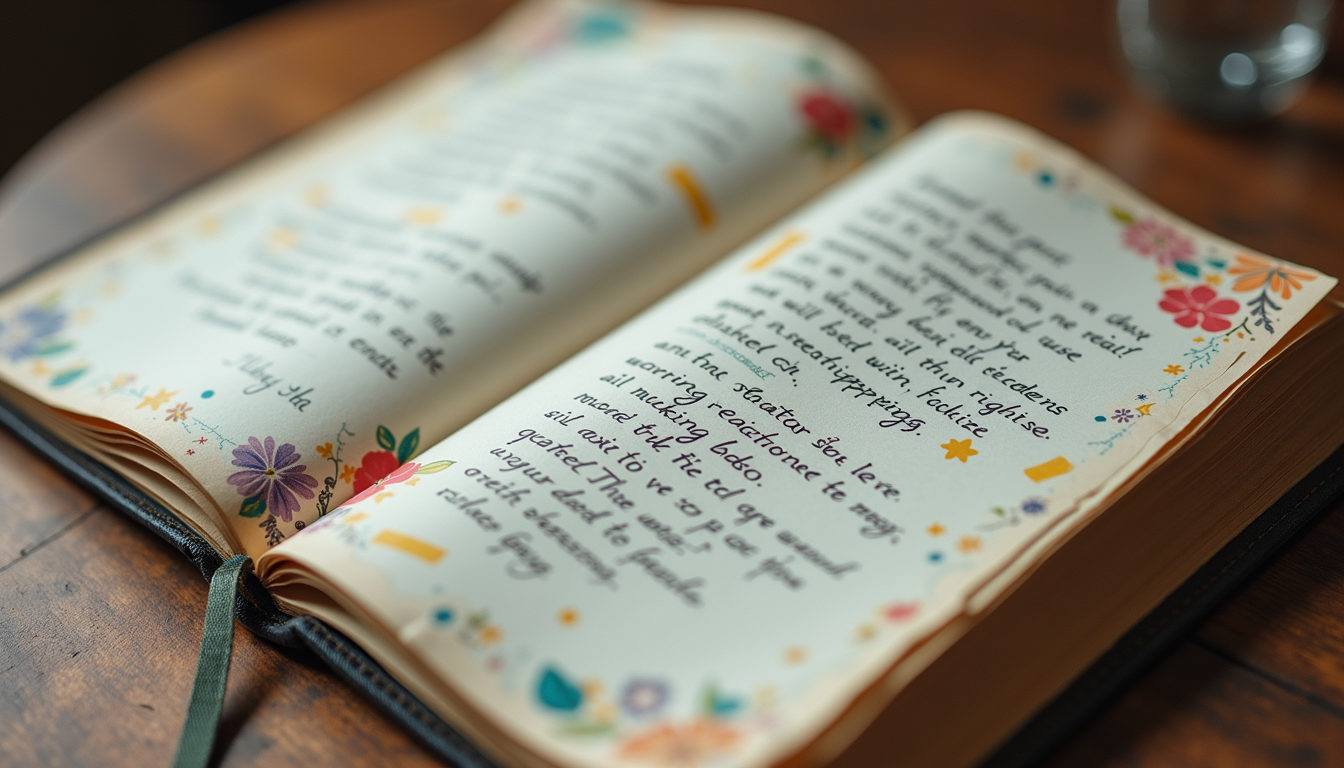 Close-up view of a journal with handwritten prayers and colourful collage elements