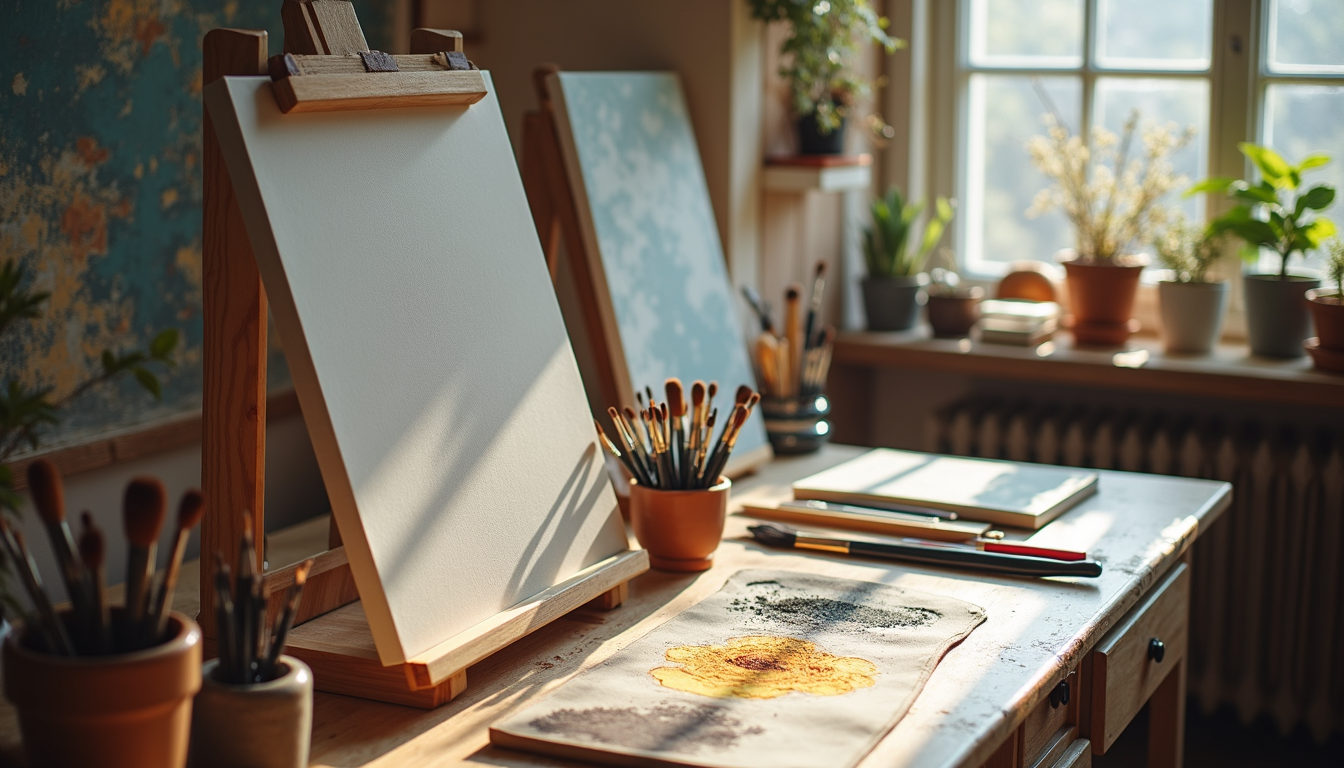 High angle view of a peaceful art studio with canvases and brushes