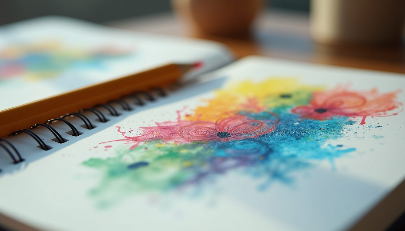 Close-up view of a sketchbook with colourful abstract art and a pencil