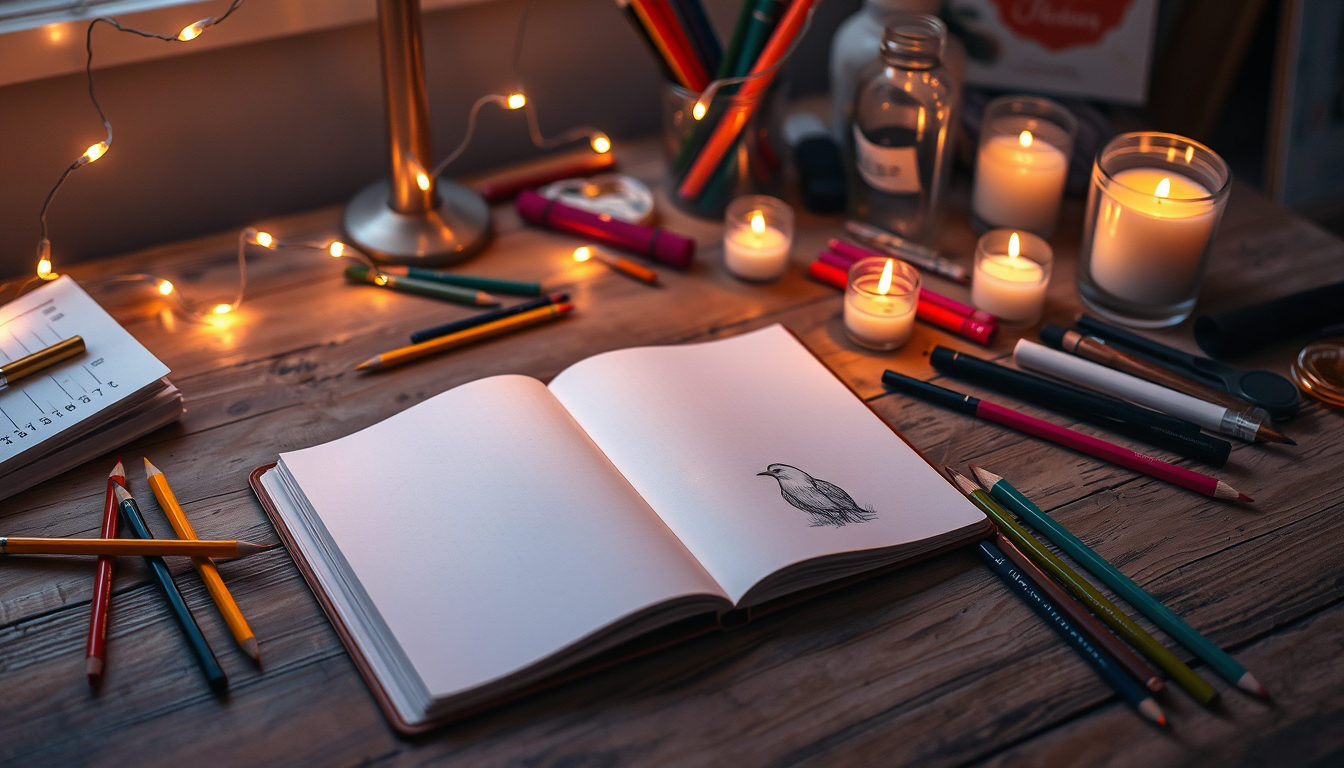 High angle view of a small altar with candles, crystals, and a sketchbook