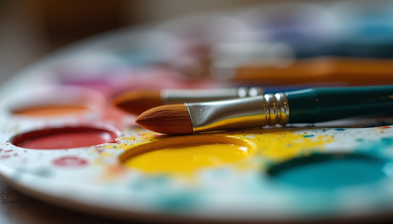 Close-up view of a paint palette with vibrant colours and brushes ready for use