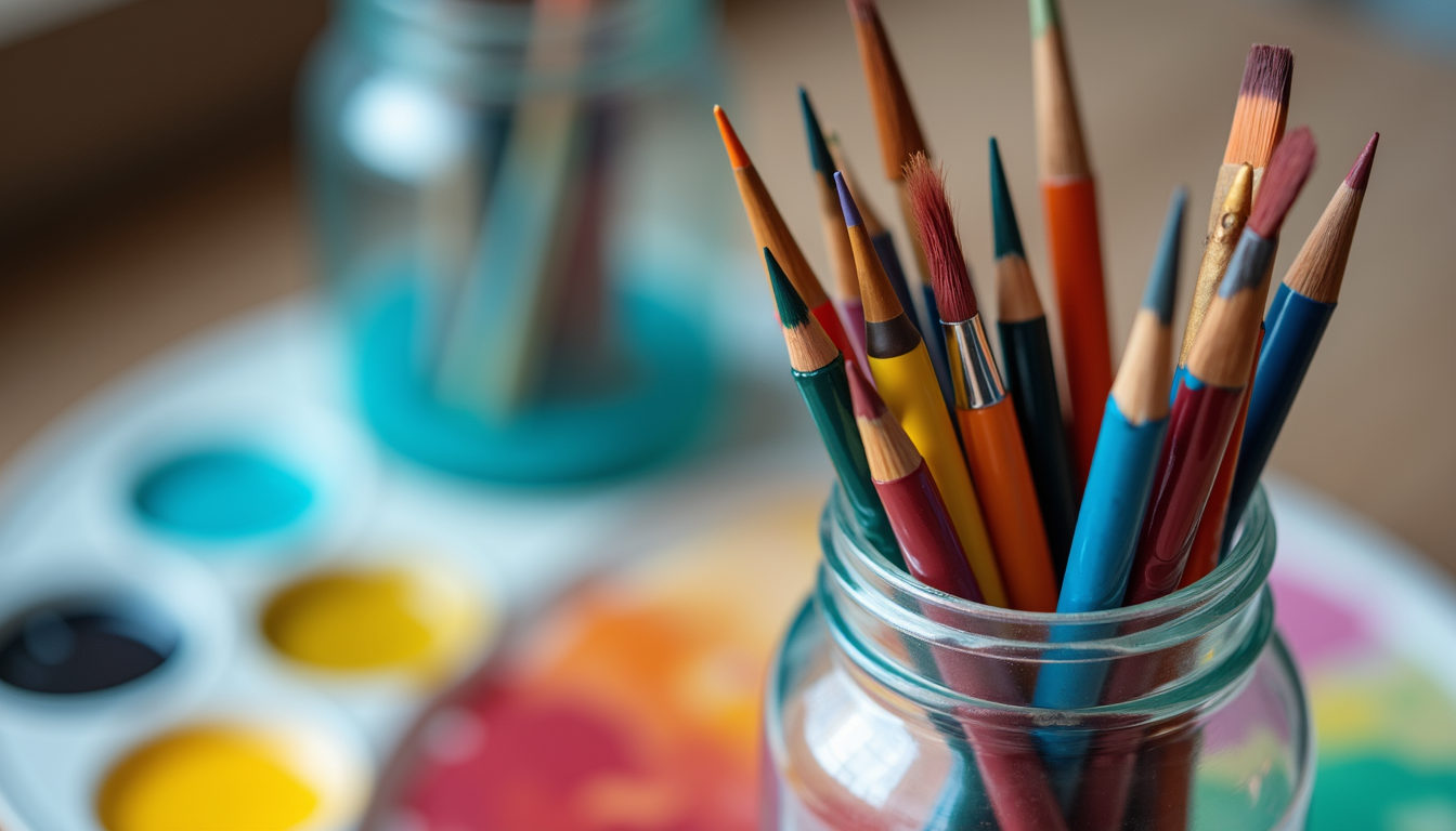 Close-up of colourful paintbrushes in a jar during a creative healing session