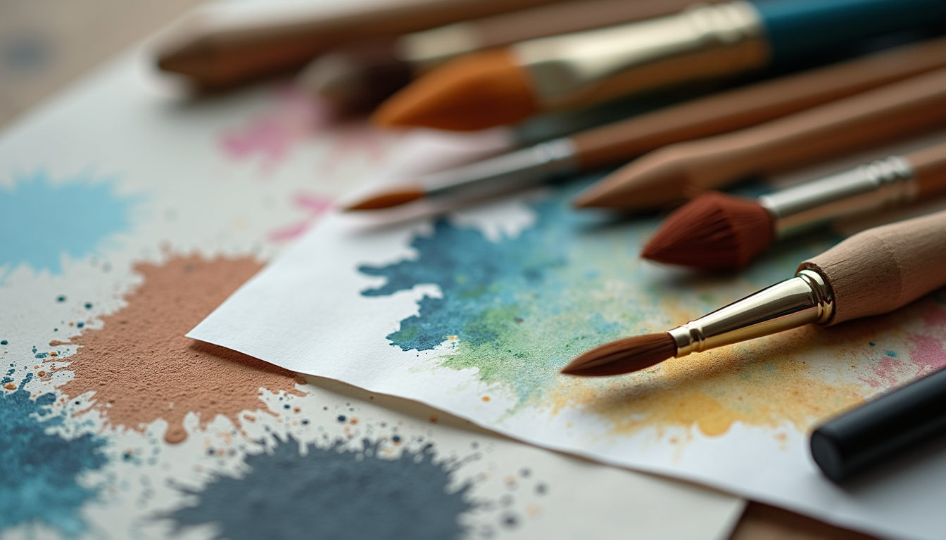 Close-up view of mixed media art supplies including paints, brushes, and textured papers