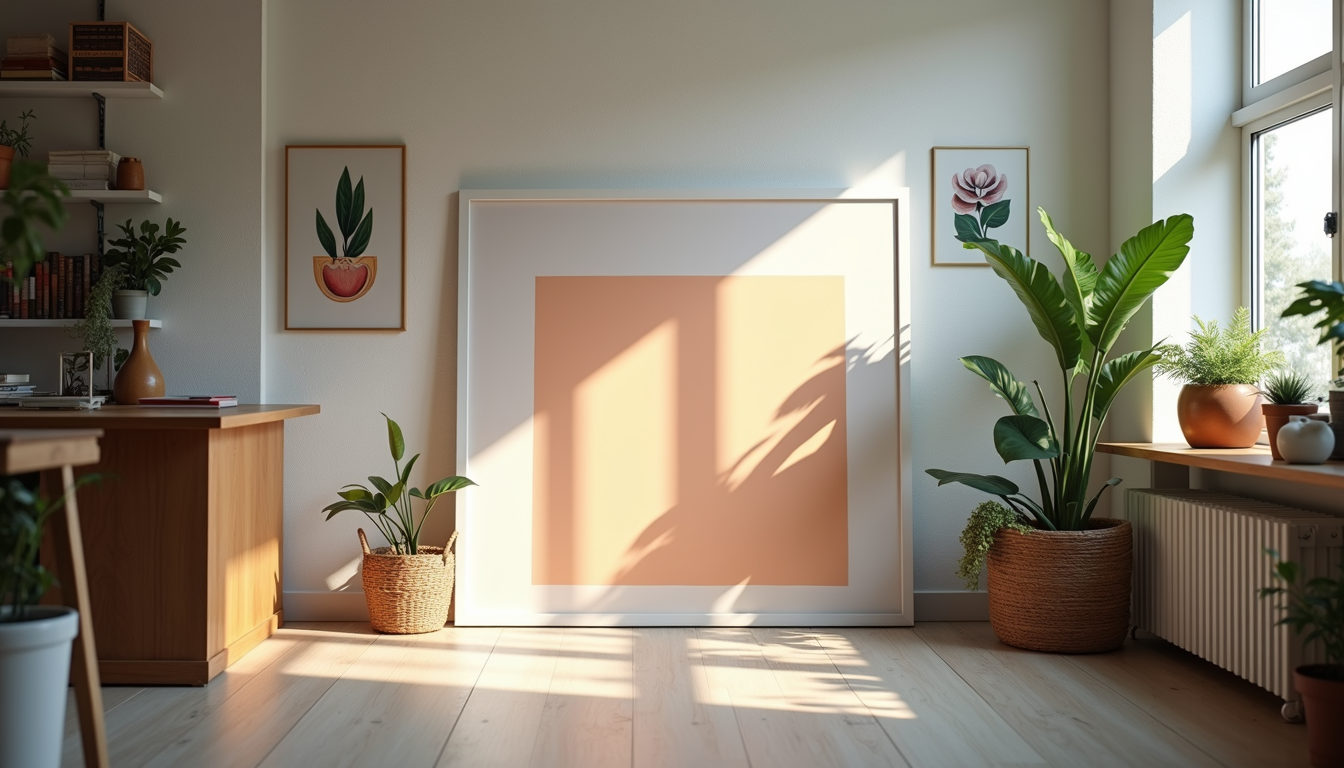 Eye-level view of a serene art studio with natural light and inspirational artworks