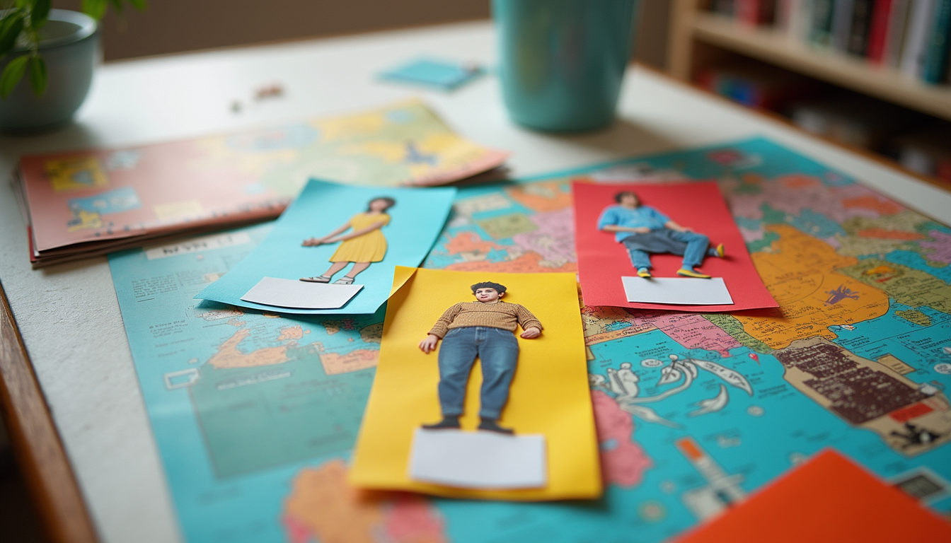 High angle view of a colourful collage made from magazine cutouts on a table
