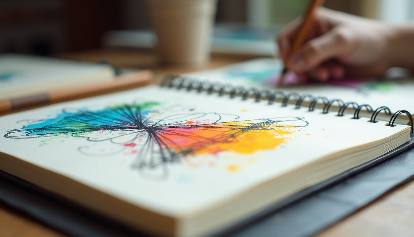 Close-up view of a sketchbook with colourful abstract drawings