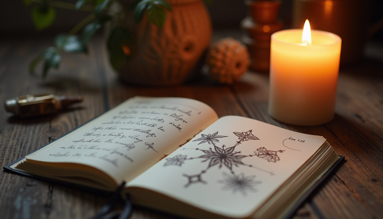 Close-up view of a candle beside a sketchbook with spiritual symbols drawn