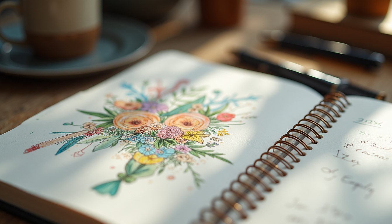 Close-up view of a journal with colourful sketches and handwritten notes