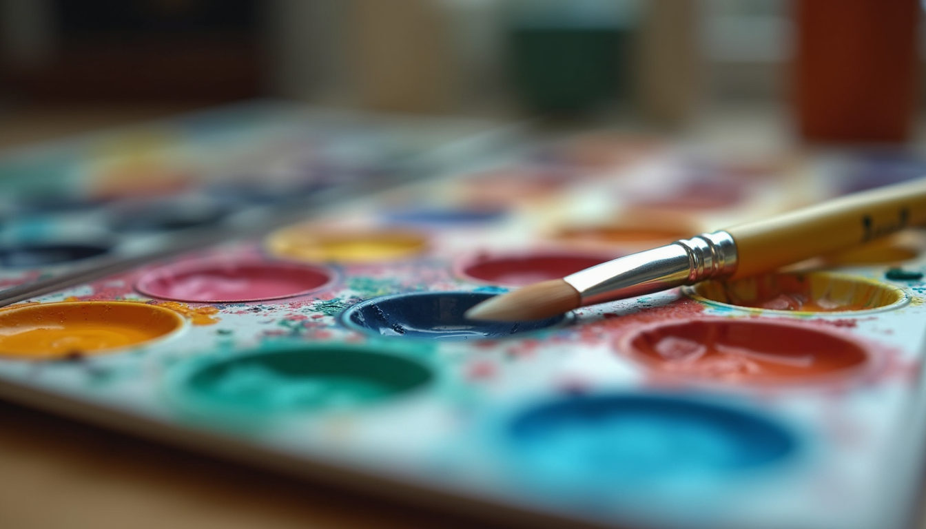 Close-up view of a paint palette with vibrant colours and brushes ready for use