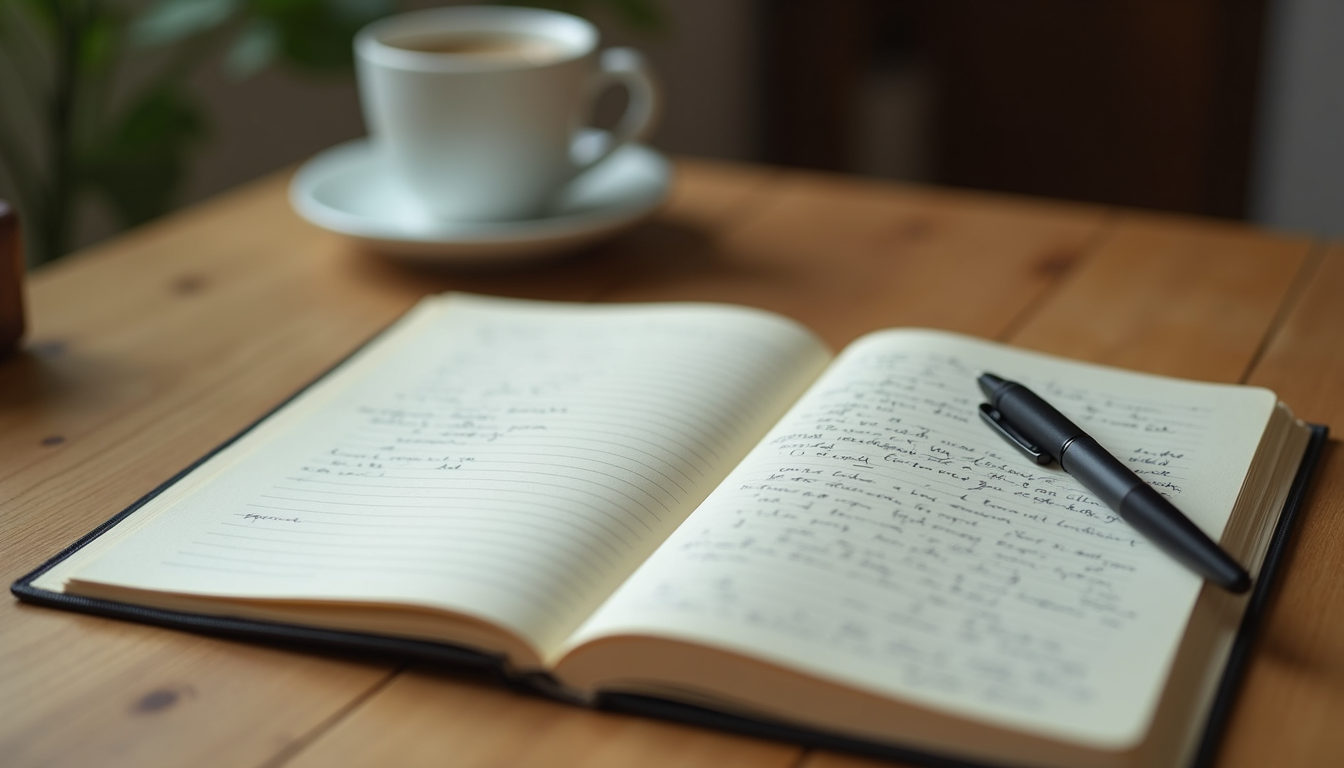 Close-up of a journal with handwritten notes and a pen on a wooden table