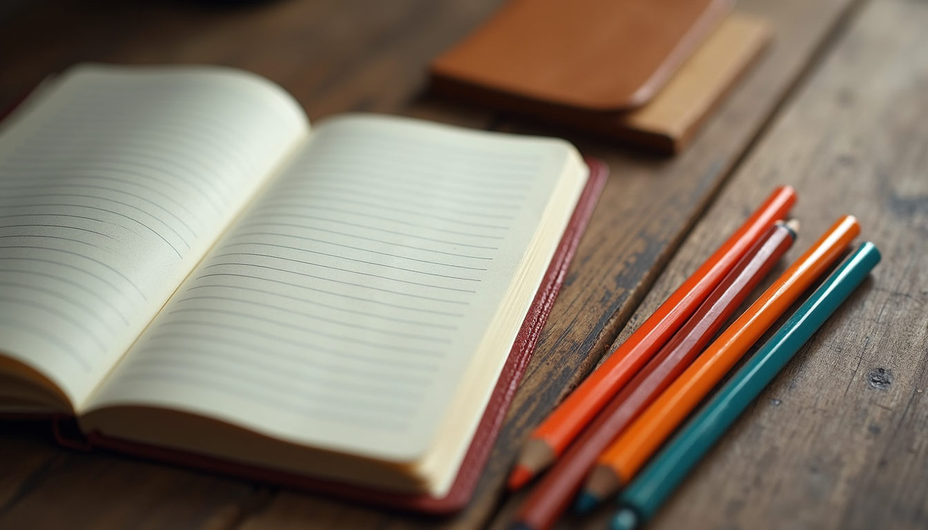 High angle view of a journal and coloured pencils on a wooden table