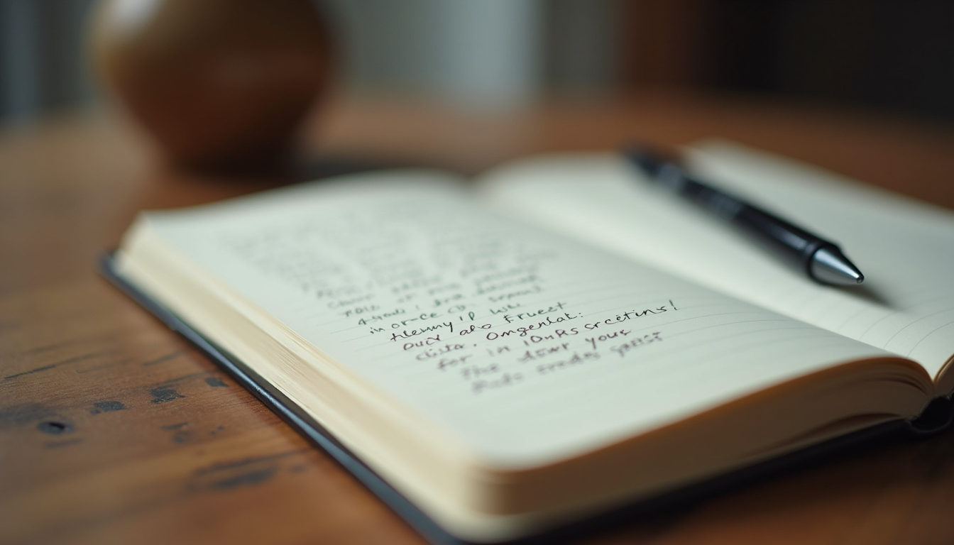 Close-up view of a journal with handwritten notes and a pen on a wooden table