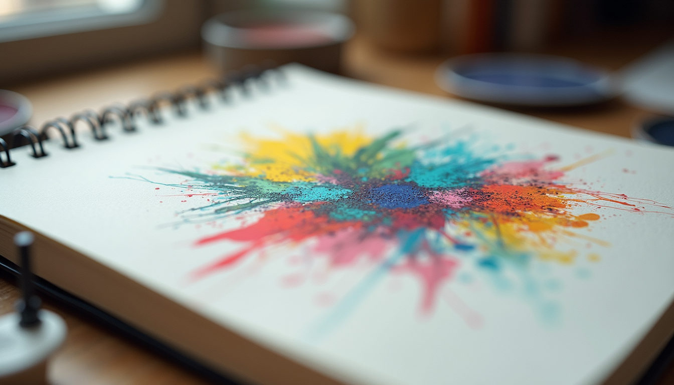 Close-up of a sketchbook with abstract colourful drawings