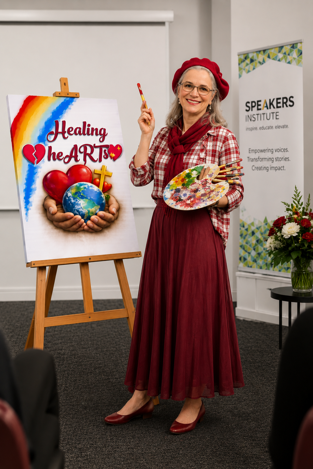 Patrizia speaking beside a Speakers Institute banner