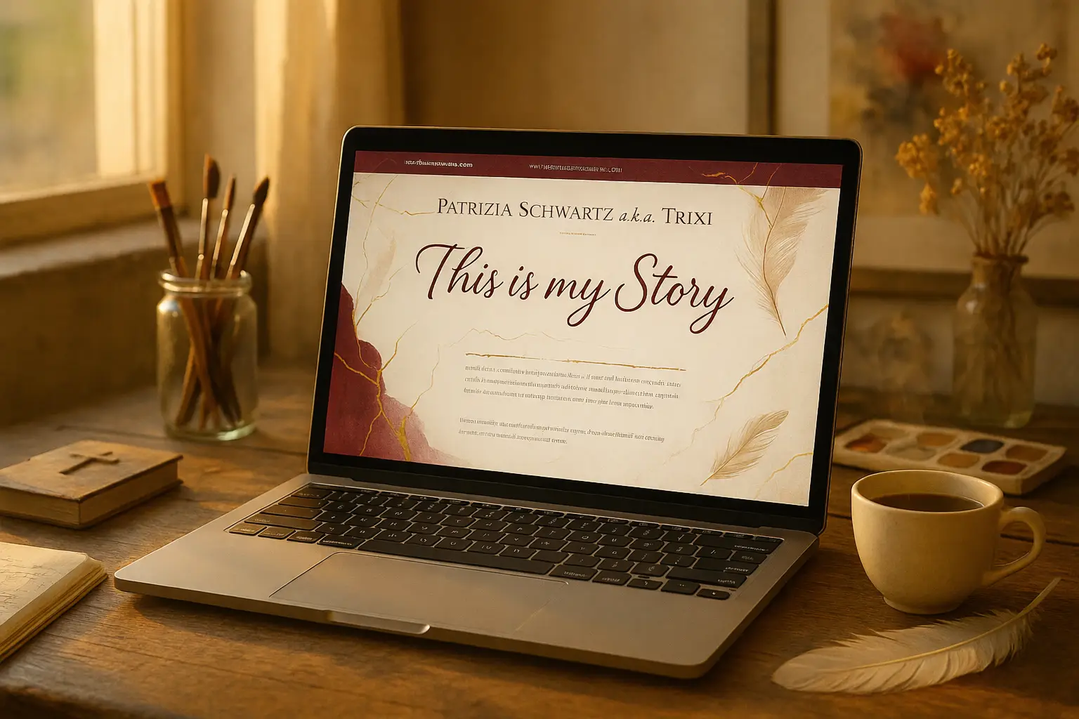 A laptop on a sunlit desk showing the “This is my story” page, beside paintbrushes, a Bible, coffee and a feather